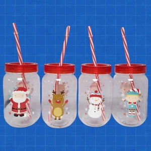Weihnachten Plastikbecher Set mit Strohhalm & Deckel 4 Stück Festlich Santa Rentier Elfe - Bild 1 von 6