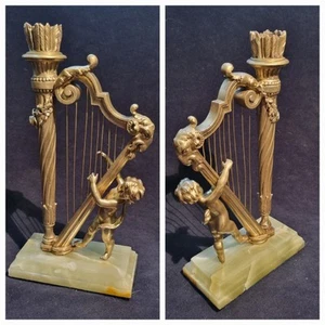 Lovey Antiguo Querubín Francés Juego Arpa Bronce Vela 1 Soporte 25 cm h RARO - Imagen 1 de 6