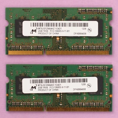 4GB RAM (2x 2GB) DDR3 PC3-10600S 1333Mhz Micron 204 Pin SoDimm Memory Laptop - Image 1 of 2