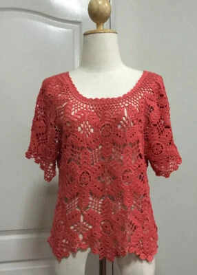 Top para mujer tejido a mano ganchillo bambú pulpa 100 % rojo-naranja manga corta talla L Foto 1 de 4