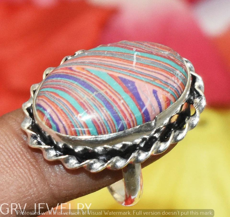 Rainbow Calsilica Gemstone Ring 925 Sterling Silver Overlay Us Size 8" U293-F137 - Image 1 of 1