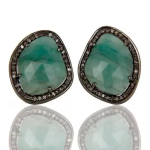 Pave Diamond Emerald Black Rhodium 925 Sterling Silver Stud Earrings Jewelry - Picture 1 of 3