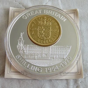 GOLD PLATED 1963 SHILLING INLAY ON A 50mm 2006 BRITANNIA PROOF MEDAL - coa - Picture 1 of 3