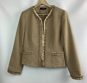 Alex Marie Jacket Tan/Camel Tweed Collarless Hook Eye Trim Pockets Lined Size 6 - Picture 1 of 10