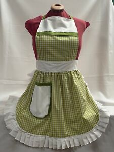 Retro VINTAGE 50s STYLE FULL APRON / PINNY - APPLE GREEN GINGHAM WITH WHITE TRIM