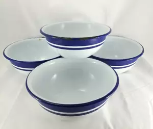 Tazones de cereales de esmalte vintage a rayas blancas diapositivas de 6 1/8". Juego de 4 - Imagen 1 de 11