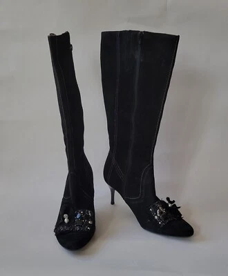 NUEVO YKK RARO Botas de Tacón de Aguja de Gamuza Adornadas de Cuero Negro Talla 9.5 Foto 1 de 4