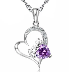 925 Silber Love Halskette Zirkonia Herz Damen Kette Liebe Frauen Lila Geschenk - Bild 1 von 5
