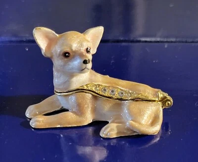 Cheeky Chihuahua Pewter Bejeweled Hinged Miniature Trinket Box Kingspoint