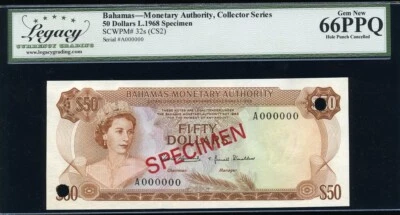 Bahamas 1968 50 Dollars, P32s(CS2), Specimen, Legacy 66 PPQ GEM UNC - Image 1 of 2