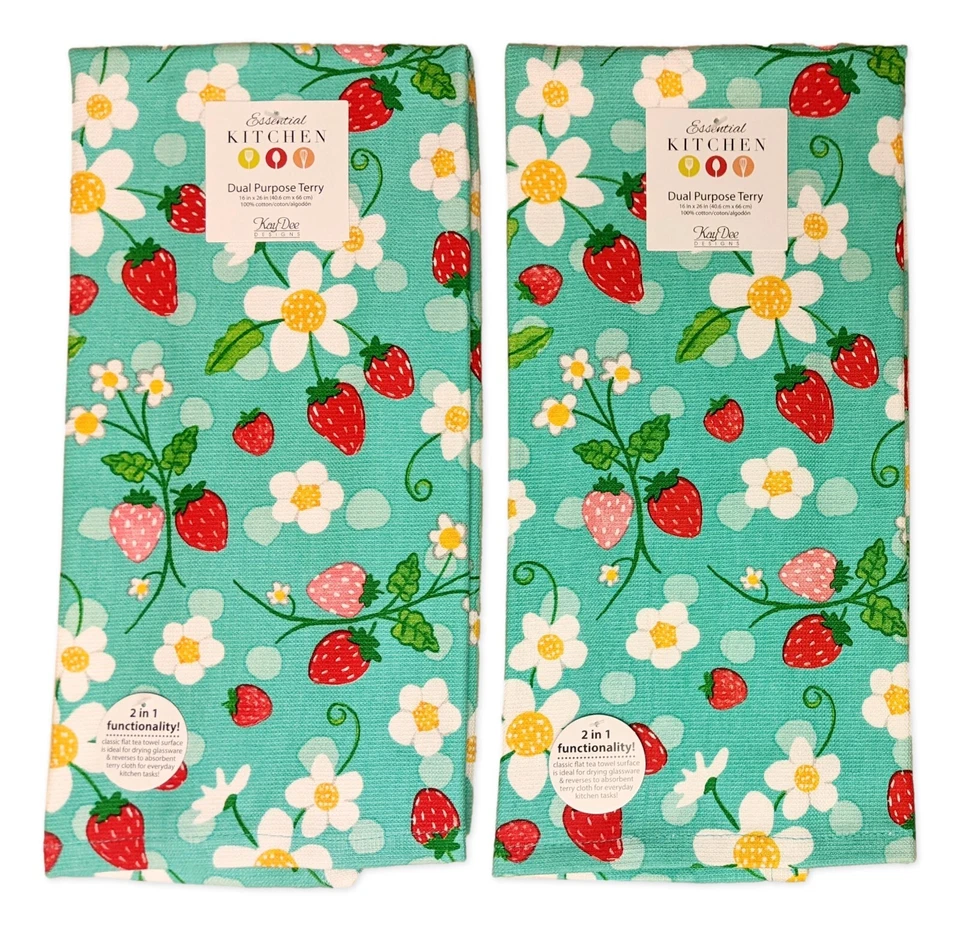 Set of 2 Strawberry Toss BERRY BASKET Terry Kitchen Towels by Kay Dee Designs