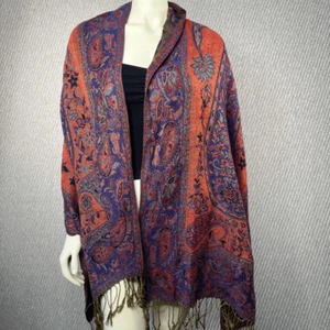Pashmina Colorful Paisley Woven Purple Pink Large Shoulder Wrap Shawl Fall 78X26 - Picture 1 of 6