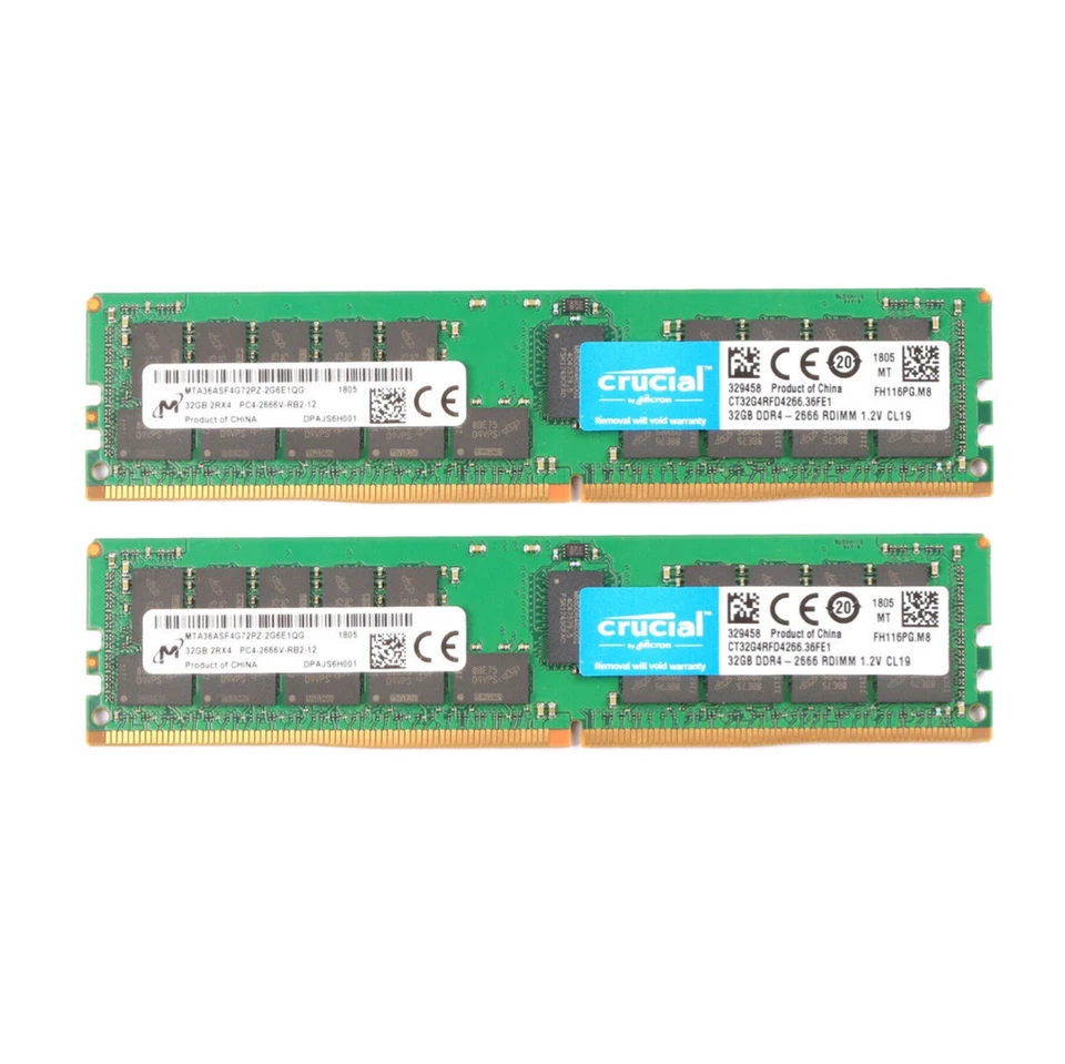 Crucial 64GB (2X32GB) 2666MHz DDR4 PC4-21300 ECC Registered Memory CT32G4RFD4266 - Image 1 of 4