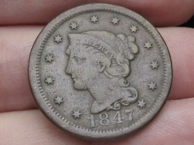1847 Braided Hair Large Cent Penny, VF Details - Image 1 of 4