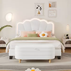 2pcs Full Size Flower-Shaped Upholstered LED Bed w Sherpa Fabric Ottoman, White - Picture 1 of 22