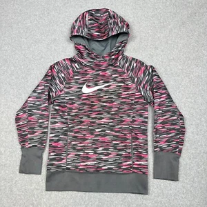 Nike Hoodie Youth Girls M Therma-Fit Pullover Gray Pink Center Swoosh Pockets - Picture 1 of 12