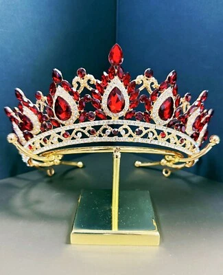 Tiara de cristal corona dorada, corona de princesa, tiara de boda dorada, corona de rubí de boda Foto 1 de 4