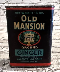 Vintage OLD MANSION Ground Ginger 1.5oz Spice Tin w/ Paper Label - Picture 1 of 7