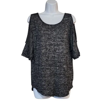 Bobbie Brooks Womens Cold Shoulder Sweater Size S Black Space Dye Short Sleeve - Image 1 of 4