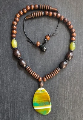 Agate Stone Pendant Necklace for Men Beaded Wood Horn Beads Statement Unisex 24" - Image 1 of 4