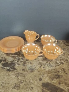 9 PC Set Anchor Hocking Fire King Peach Lustre Laurel 3 Cups 5 Saucers 1 Creamer - Picture 1 of 13