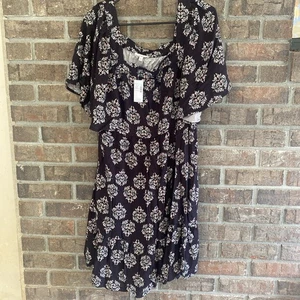 Vestido midi floral ajustado/cuello cuadrado/manga abullonada, negro multicolor, talla XL - Imagen 1 de 3