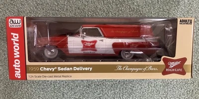 Camión de reparto Miller High Life 1959 Chevy Sedan Auto World fundido a presión 1:24 nuevo en caja Foto 1 de 4