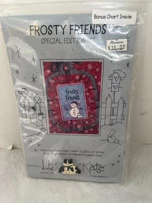 Lizzie Kate Frosty Friends Snowman Cross Stitch Charts With Cat Button  & Fabric - Image 1 of 2