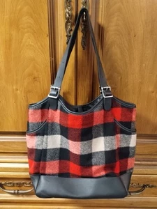 Vintage LL Bean Signature Plaid Red Black 12×13×7 Leather Trim Tote Bag #297143  - Picture 1 of 12