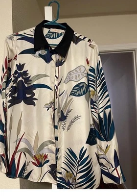 $398 Tory Burch Button-Down Collared Silk Kira  floral blouse top Shirt sz 10 - Image 1 of 4