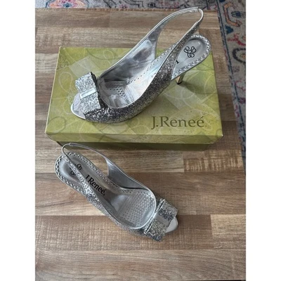 Women J Renee Silver Glitter Open Toe Slingback Pumps with Bow size 9 Cinderella - Image 1 of 4