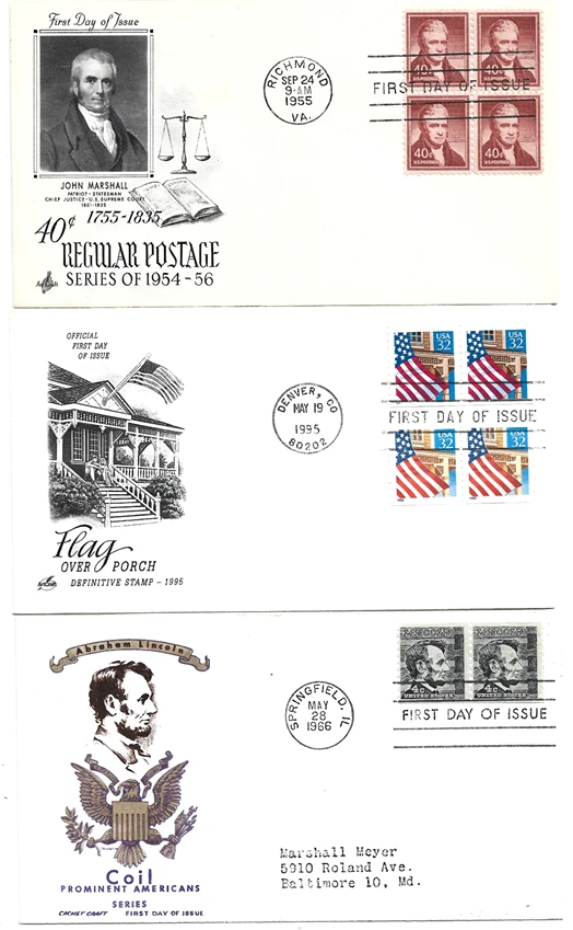 3 FDCs 1966 Lincoln/1995 Flag Coil Pairs/1955 40ct John Marshall Blk/4 - Image 1 of 1
