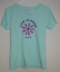 Life Is Good Crusher Tee Womens V-Neck T-Shirt Small Mint Green IOWA Flower - Picture 1 of 6