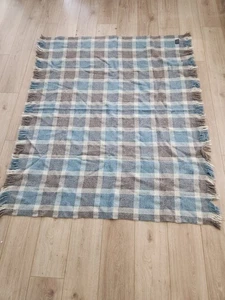 Vintage 60s Pendleton Wool Throw Blanket Teal Plaid 48x58 (66 w/ fringe) - Picture 1 of 4
