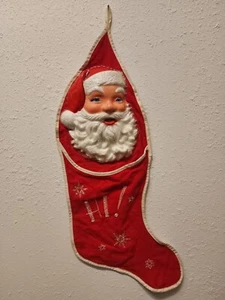 Super Rare 24in Plastic Mold Santa Face Hand Stiched Stocking 1950s Nice Cond! - Picture 1 of 10