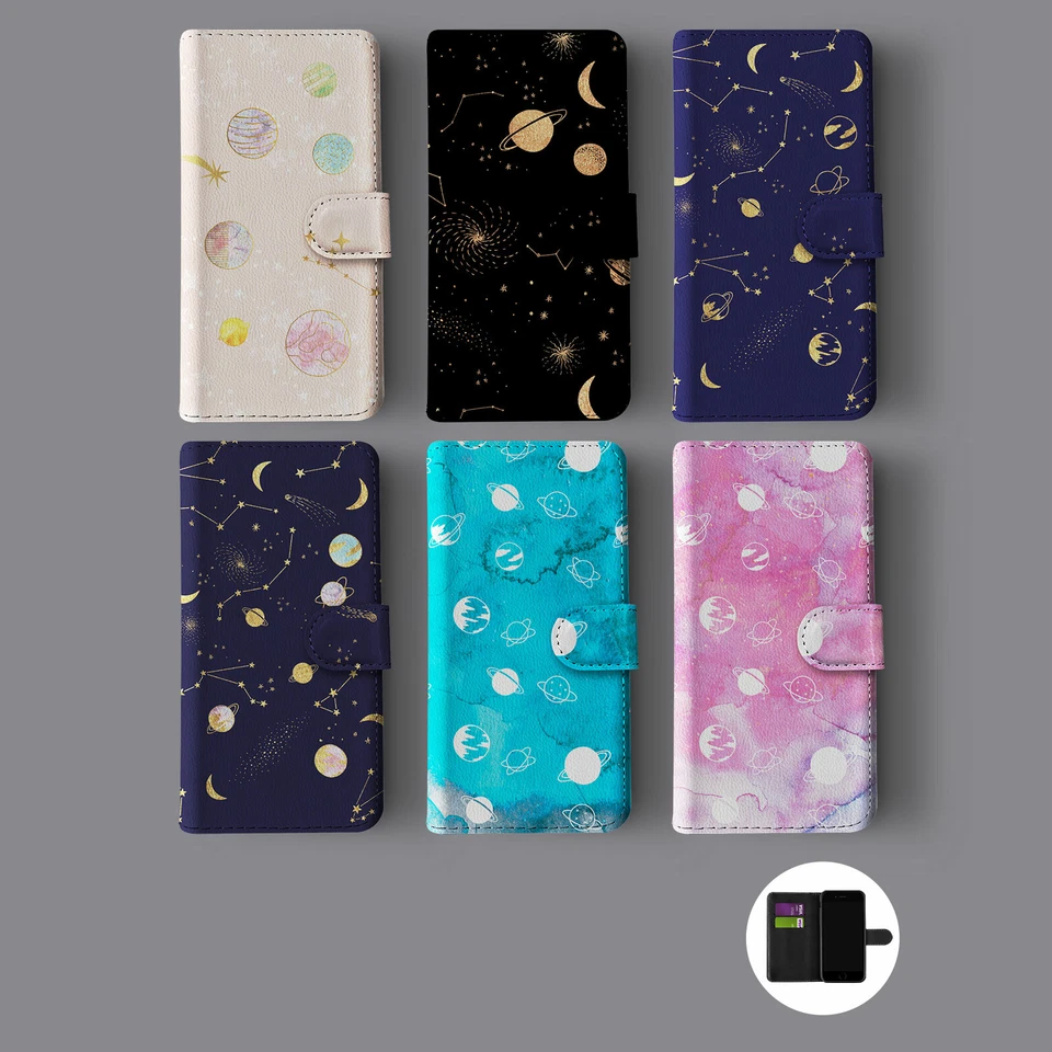 AESTHETIC PLANETS SPACE COSMO GALAXY STARS LEATHER WALLET PHONE CASE FOR IPHONE - Image 1 of 1