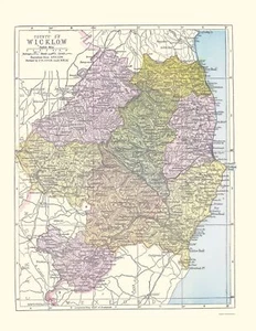 Historic Map - Wicklow County Ireland - Bartholomew 1882 - 23 x 29.75 - Picture 1 of 20