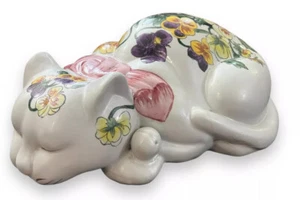 GROßE Vintage schlafende Katze Figur/Statue handbemalt Stiefmütterchen und Blätter Macau - Bild 1 von 24