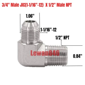 Hydraulic 37° Flare To 90° Pipe Adapter 3/4"Male JIC(1-1/16"-12) X 1/2" Male NPT - Picture 1 of 1