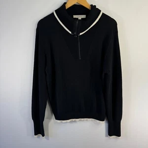 LOFT Sweater Tipped Half Zip Black Ribbed Collar Long Sleeve Cuffed size L - Picture 1 of 4