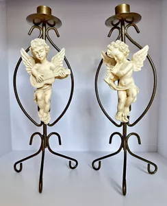 Vintage Cherub Musician Figurines Metal & Resin Candle Stick Holders Angels - Picture 1 of 5