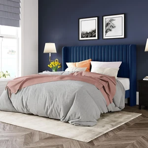 Queen Size Velvet Bed Frame/Vertical Channel Tufted Wingback Headboard/Upholster - Picture 1 of 8