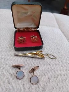 Pair Of Mother Of Pearl Lambournes Birm, Pair Diamond Cut Cufflinks & Tie-pin - Picture 1 of 10