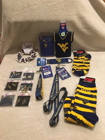 WVU Mountaineers West Virginia Gift Pack Coozie Socks Lanyard Earrings Bracelet Cover