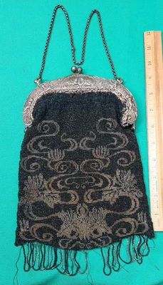 Antique Victorian 1900's 800 Fine Silver Frame Beaded Purse w/Fringe Italian - Image 1 of 4