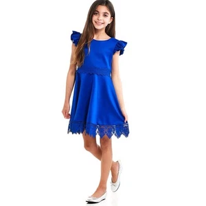 Rare Editions Big Girl's Size 8 - Flutter Sleeve - Royal - Crochet Skater Dress - Picture 1 of 11