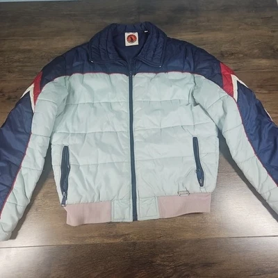 Vintage 80s Mountain Goat White Stag Puffer Ski Coat Size Mens L Red Blue  - Image 1 of 4