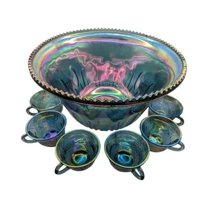 Vintage Indiana Harvest Grape Iridescent Blue Carnival Glass Punchbowl and Cups - Picture 1 of 20