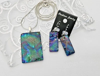 手工制作熔融玻璃多色二色玻璃吊坠和耳环套装/全新 — 第 1/3 张图片