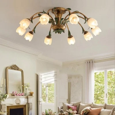 French Country Glass Green Floral Leaf Ceiling Light Indoor Fixtures D22/26/32in - Image 1 of 4